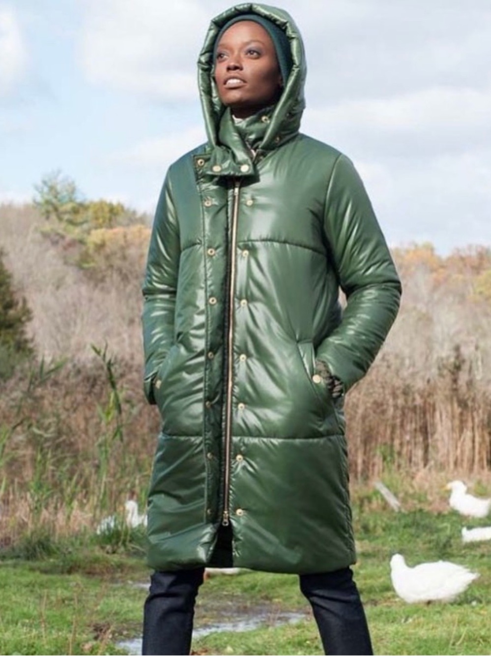 Vaute Vegan Green Long Puffer Coat with Hood - Women's Winter Jacket